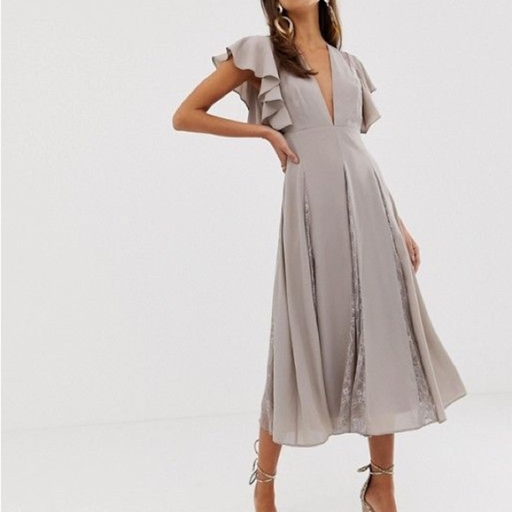 ASOS Gray Pleated Midi Sundress with Plunge Neckline
